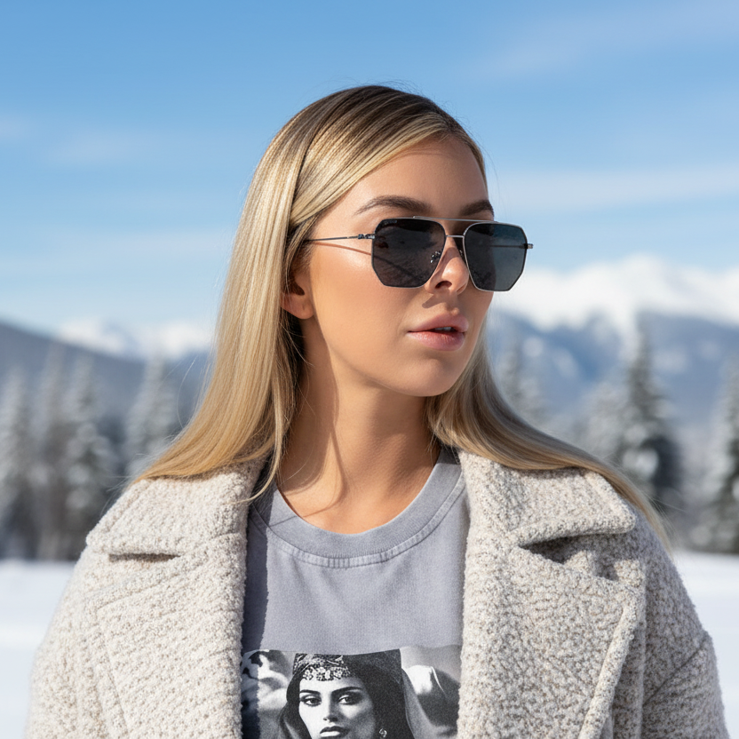 Person wearing sunglasses and a gray t-shirt with a graphic design on a light gray background