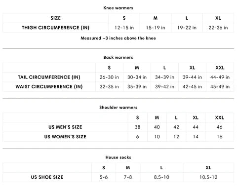 Size chart for knee, back, and shoulder warmers with corresponding measurements.