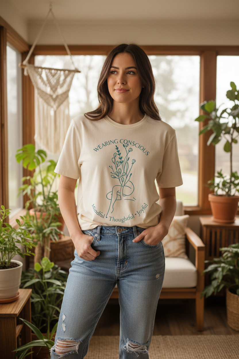 Woman wearing a 'Wearing Conscious' t-shirt in a room with plants