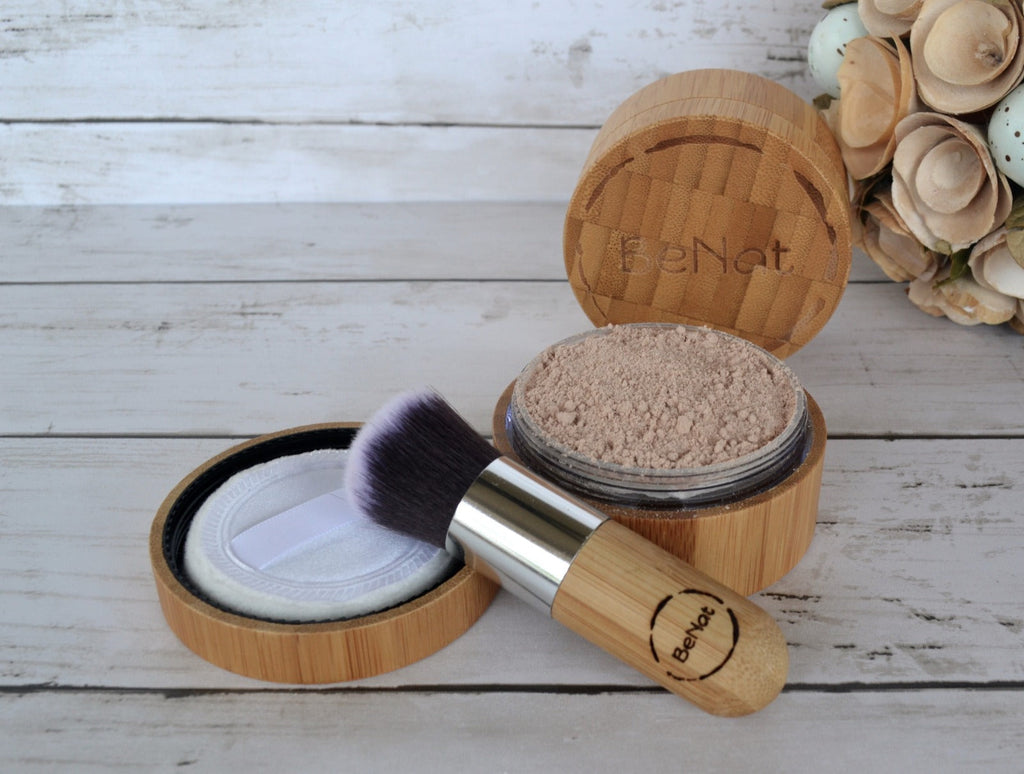 Refillable Translucent Loose Powder Set with Bamboo Case, Powder, Brush + Refill