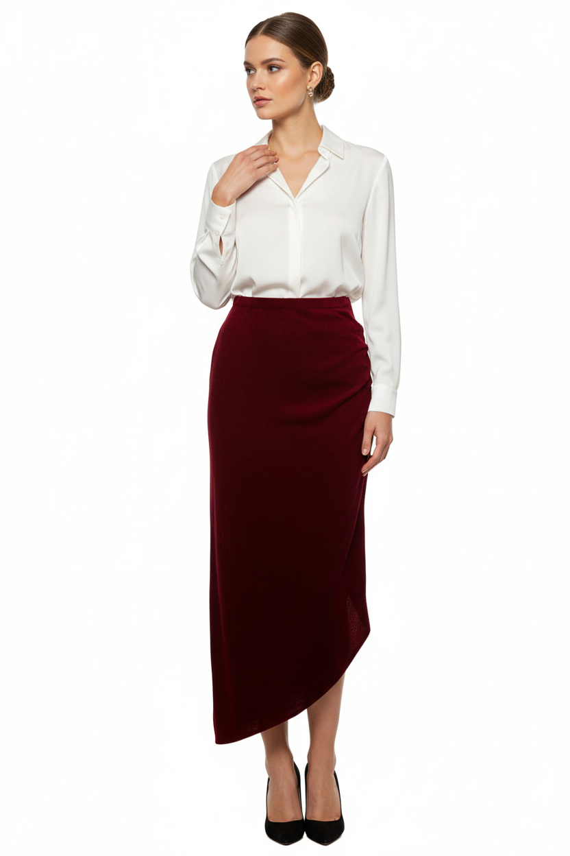 Woman wearing a white blouse and burgundy skirt on a white background