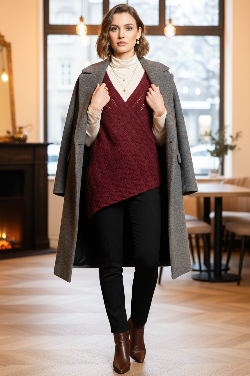Maroon sweater with a V-neck and long sleeves on a white background