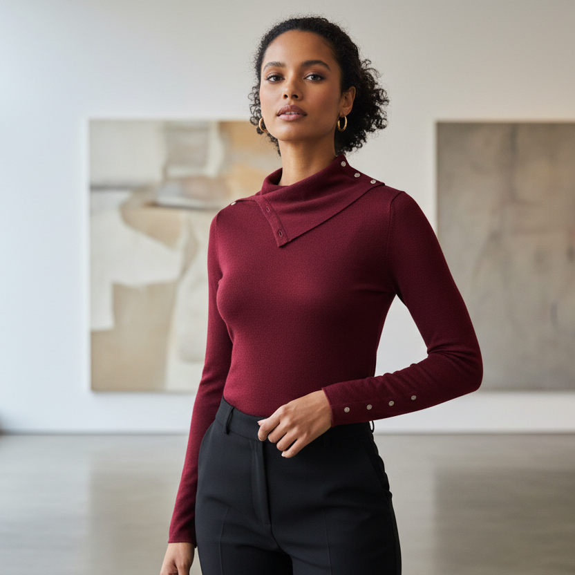 Cashmere & Silk Pearl Body Fitted Flap Turtleneck Textured Top