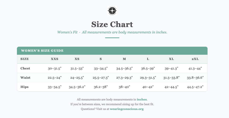 Size chart for women's clothing measurements in inches