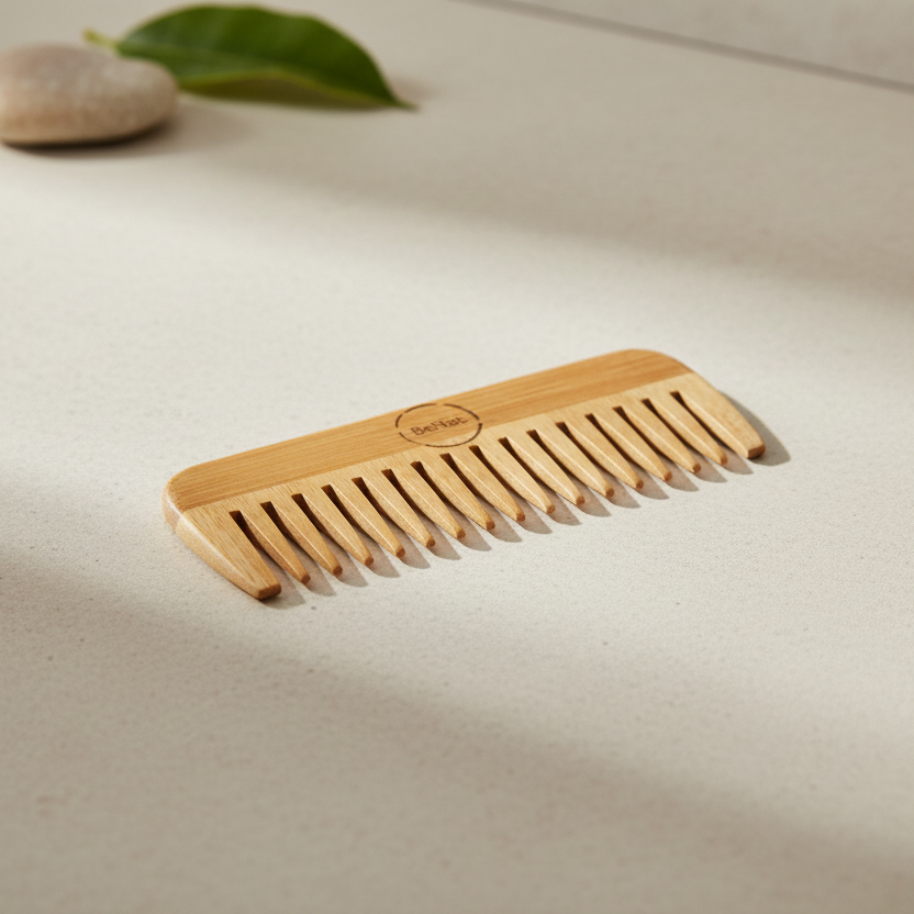 Wooden comb with brand logo on a white background