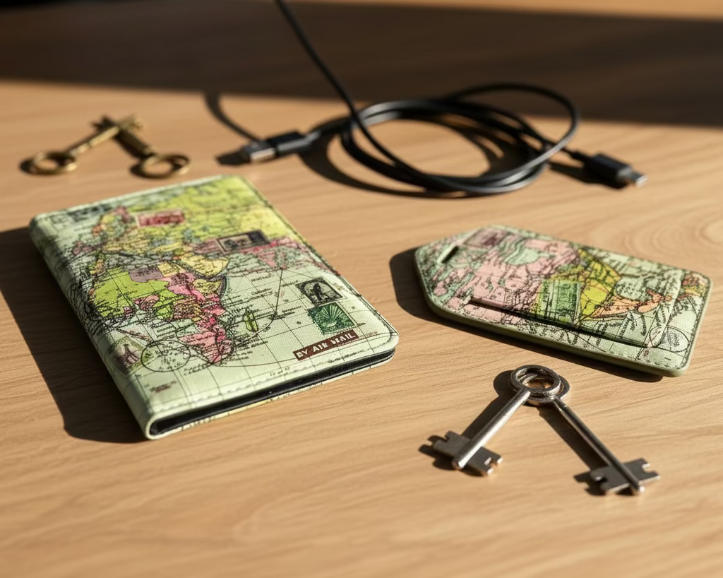 Map-themed passport holder and luggage tag