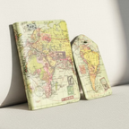 World map-themed passport holder and luggage tag