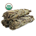 Bundles of sage with USDA Organic label on a white background