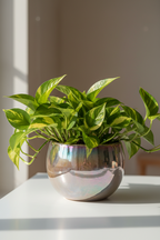 A green pothos plant in a shiny, iridescent silver bowl planter, placed on a white table in a softly lit indoor setting.