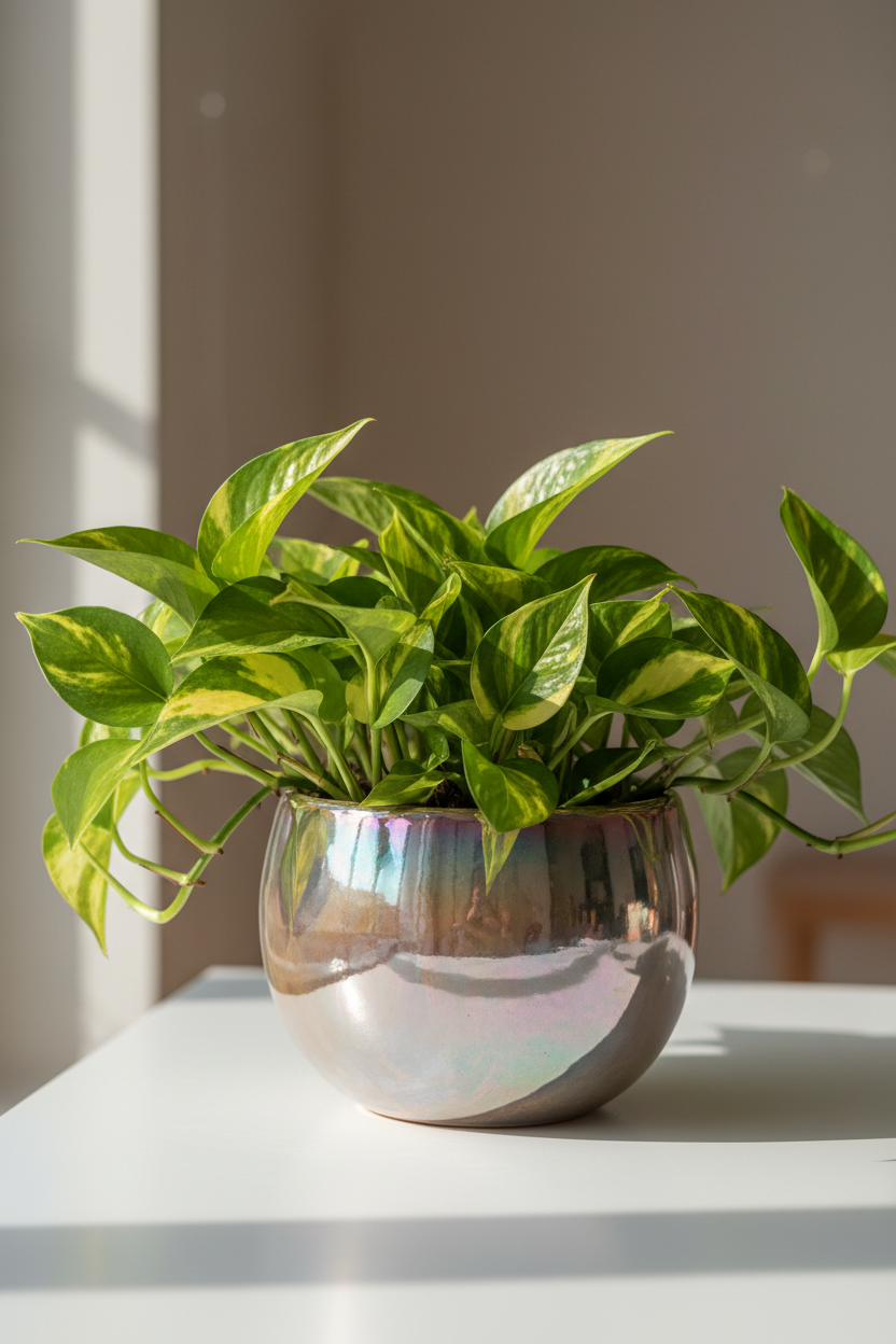 A green pothos plant in a shiny, iridescent silver bowl planter, placed on a white table in a softly lit indoor setting.