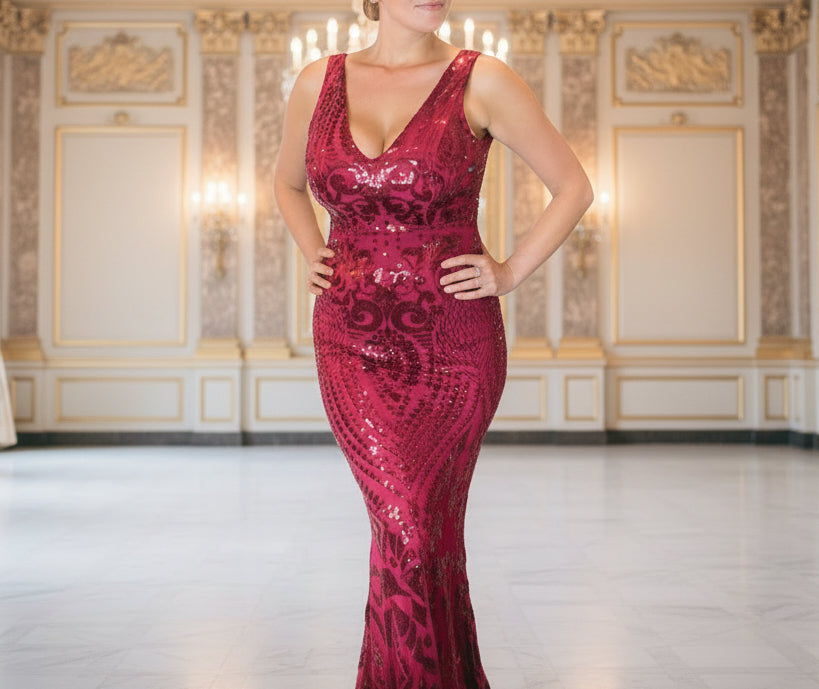 Sequined Flute Skirt Floor Length Maxi Dress - Maroon - Size M