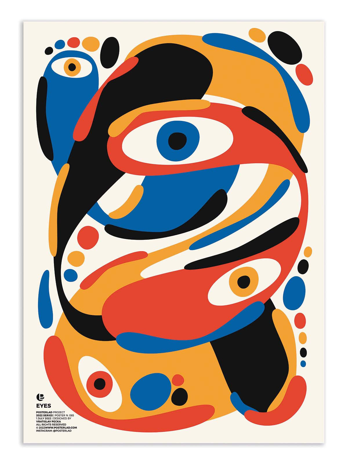 Abstract artwork with colorful shapes and eyes on a beige background