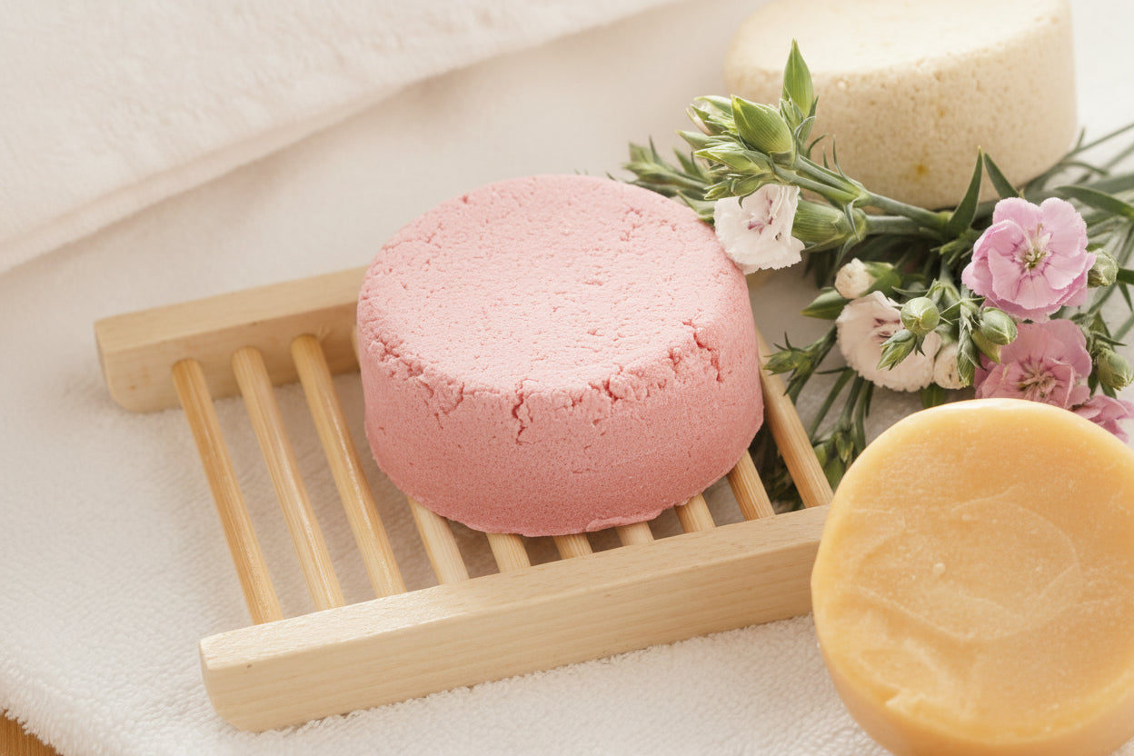 Pink bath bomb on a wooden soap dish with flowers and another yellow bath bomb in the background.