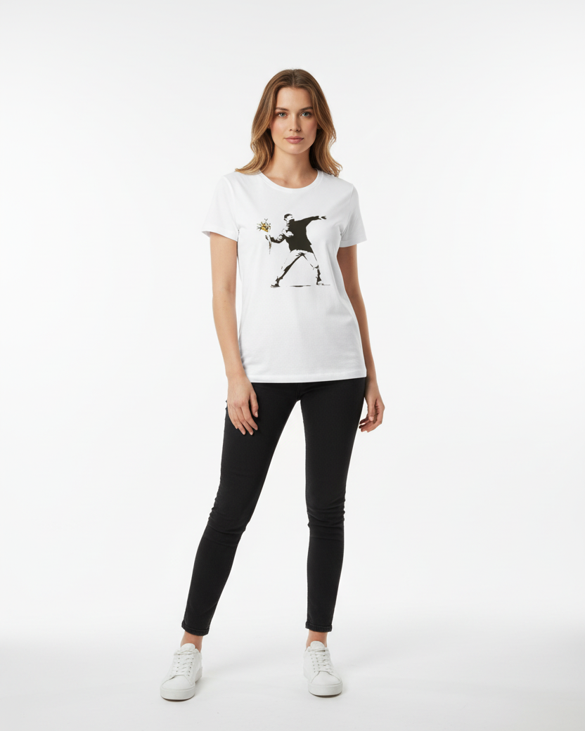 Banksy Flower Thrower Artwork T-Shirt - Mens (Unisex), Women's (Fitted) and Youth Sizes