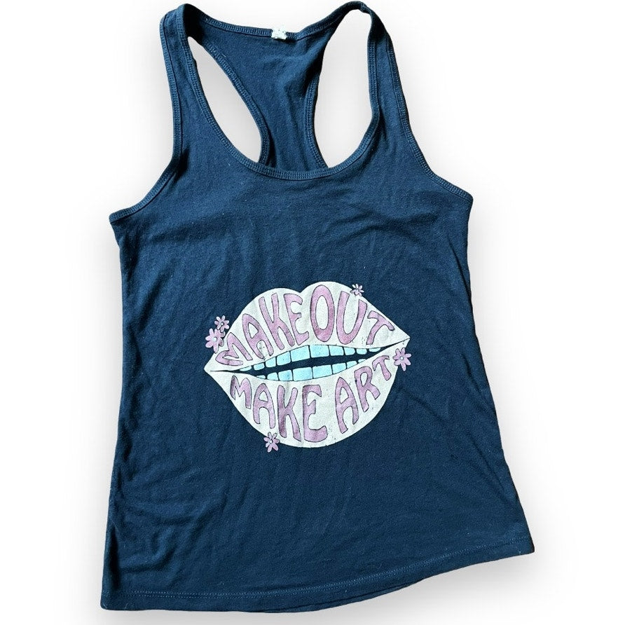 "Make Out Make Art" Racer Back Tank Top - Navy Blue - L