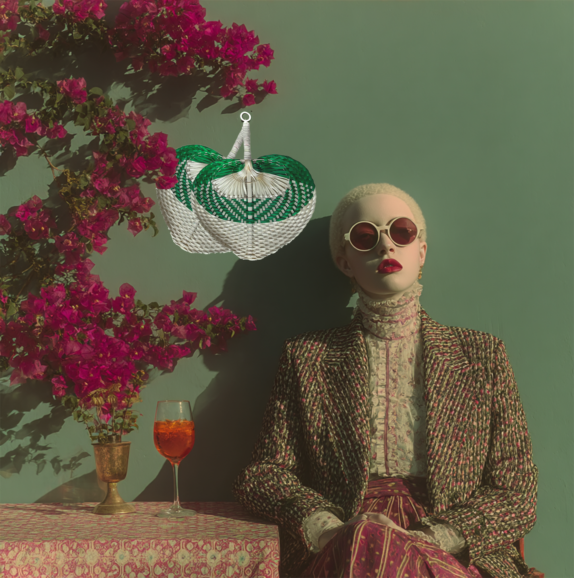 Person in a stylish outfit with sunglasses, sitting next to a table with a glass of red wine and flowers.