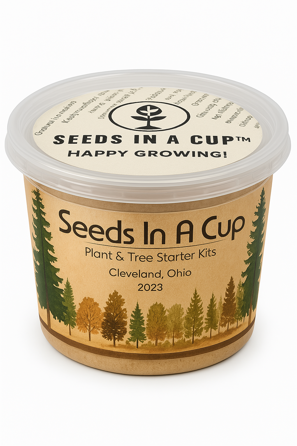 Seeds In A Cup container with tree design and text on a white background