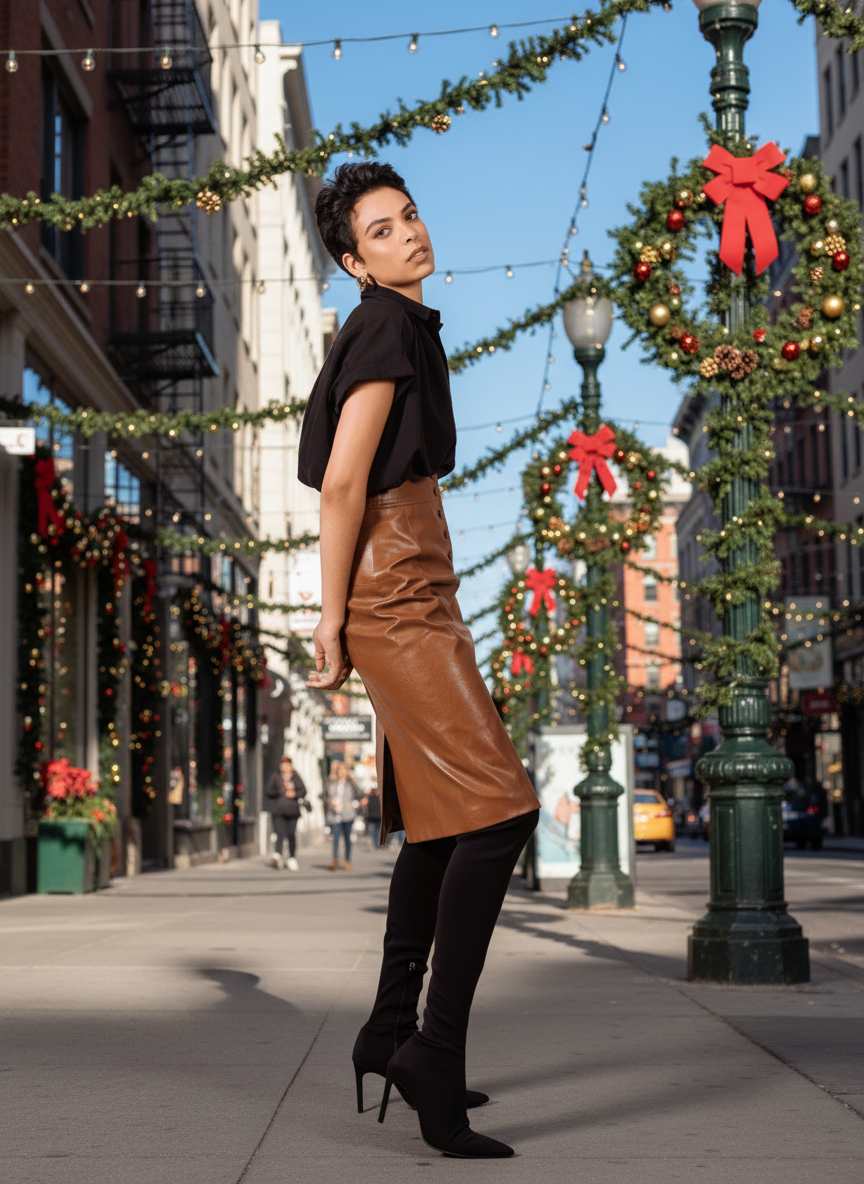 Woman in a black top and brown leather skirt standing on a city street decorated for Christmas.