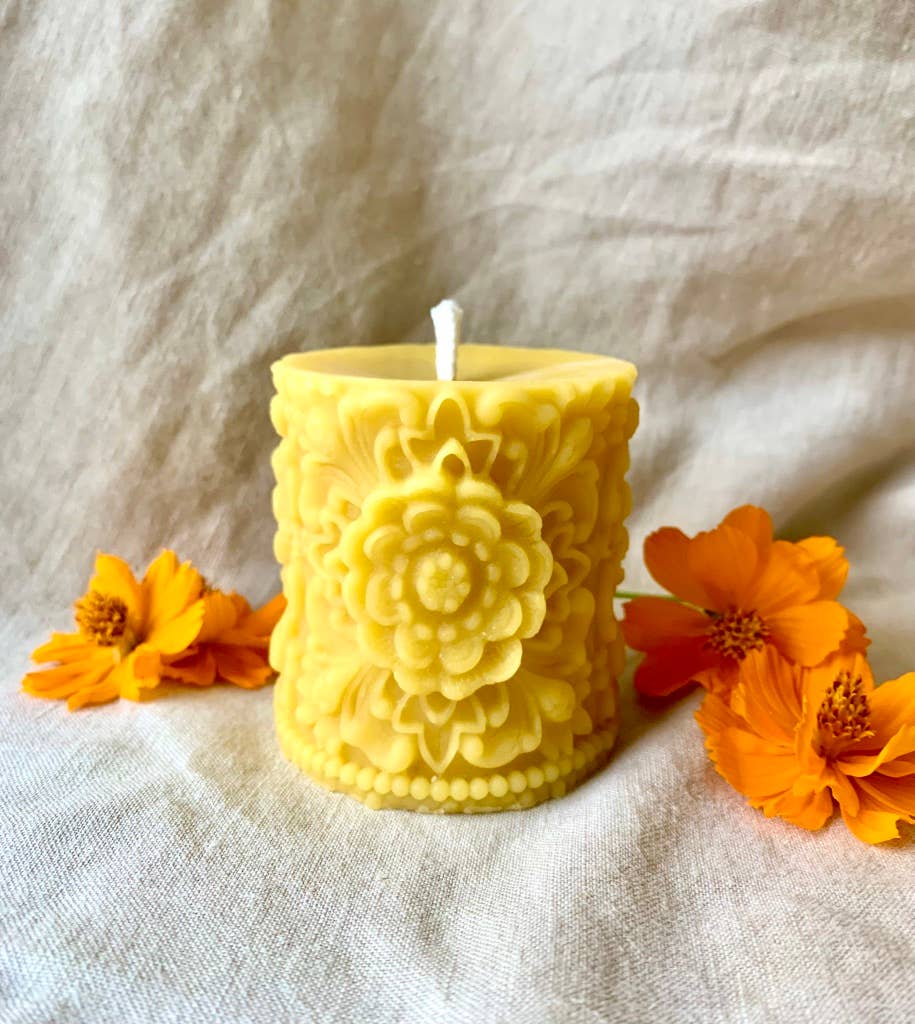 Flower Mandala, 100% Beeswax Candle, Pillar