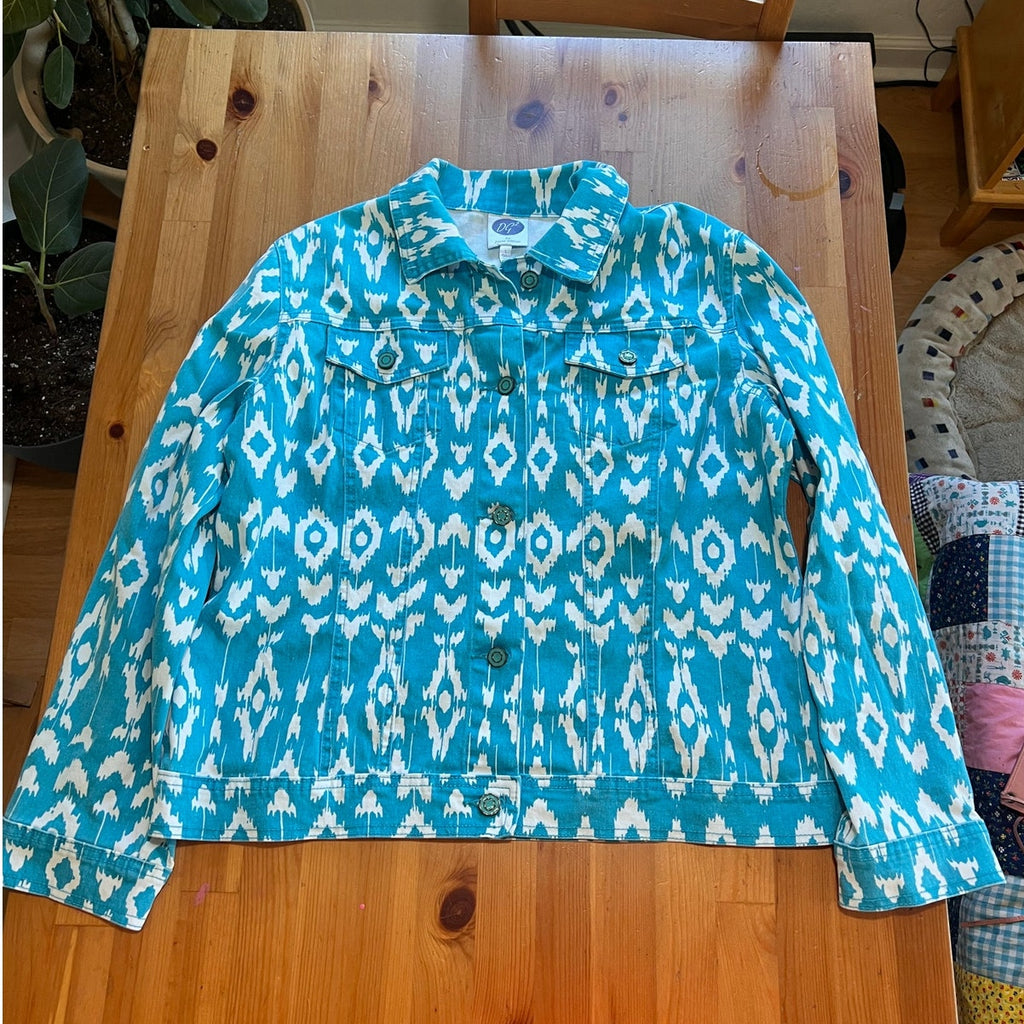 DG2 by Diane Gilman Patterned Denim Jacket – Turquoise/White – Size L