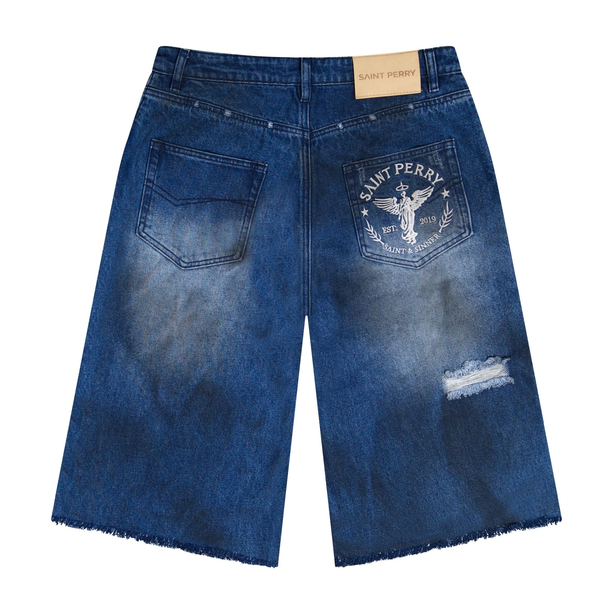 Saint Perry Blue Distressed Effect Wide-Leg Jean Shorts