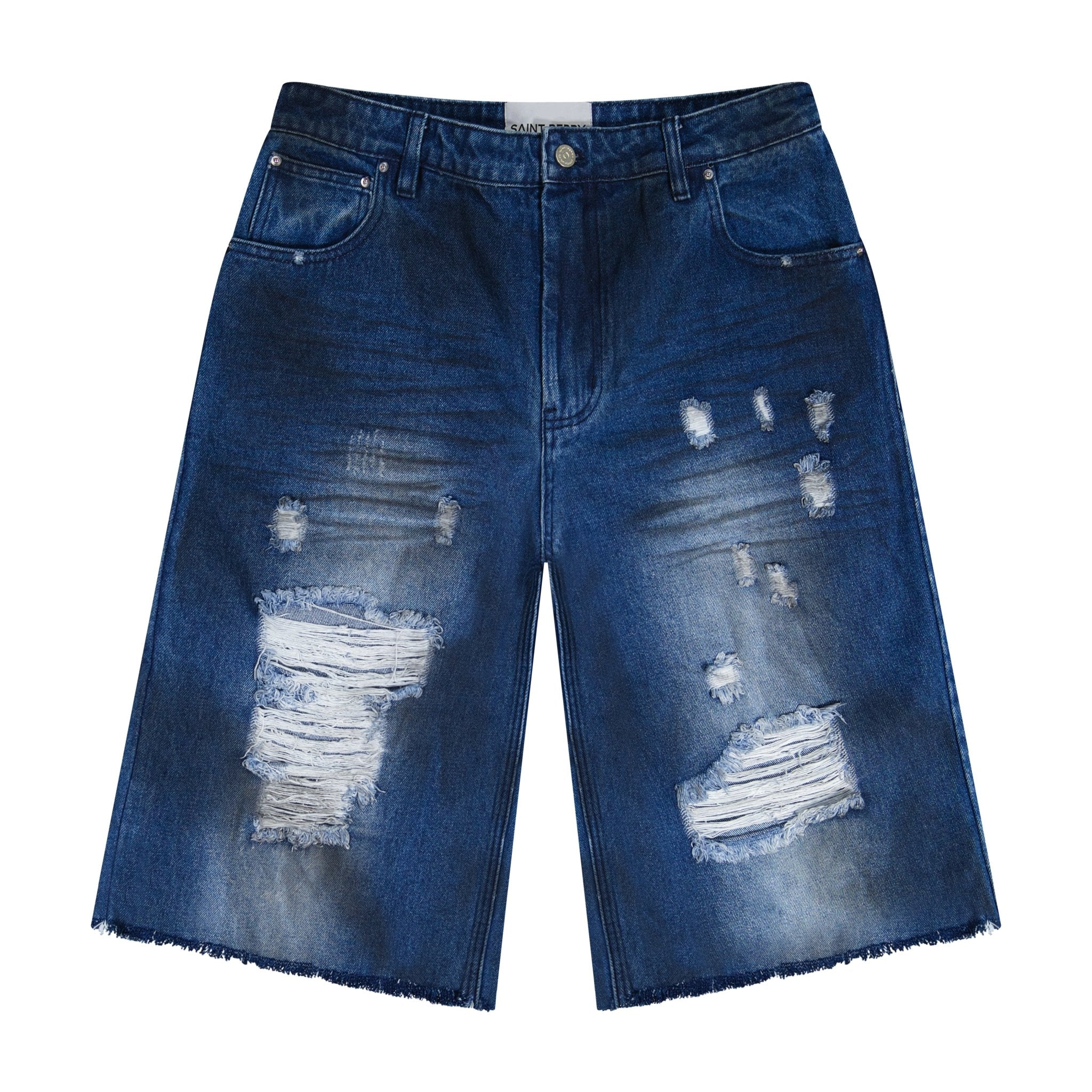 Saint Perry Blue Distressed Effect Wide-Leg Jean Shorts