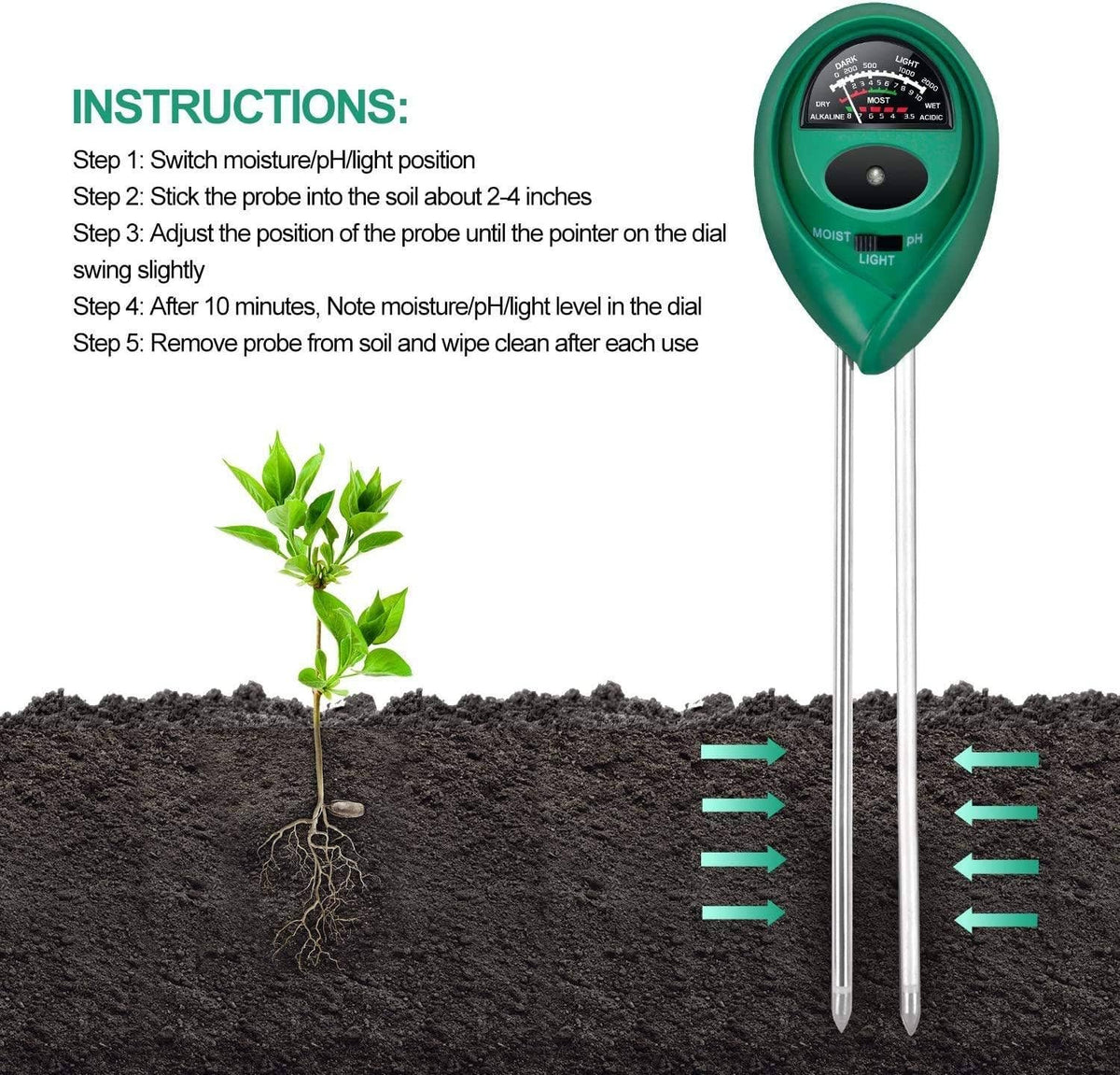 Soil moisture and pH tester with instructions on a white background