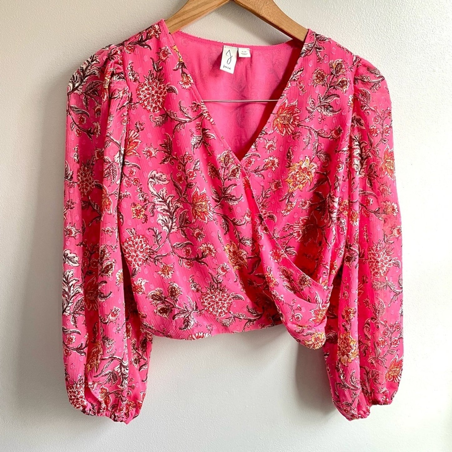 Joie Surplice Front Balloon Sleeve Blouse Top - Pink Floral