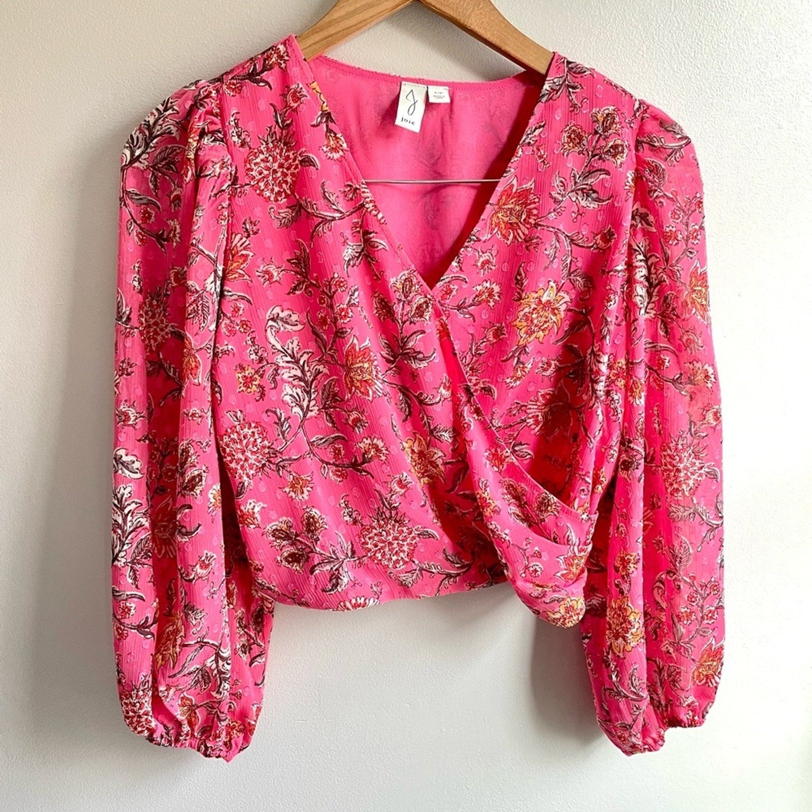Joie Surplice Front Balloon Sleeve Blouse Top - Pink Floral