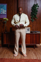 100% Wool Belted Flare Pants - Beige