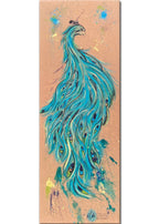 Artistic depiction of a peacock with vibrant blue feathers on a textured background