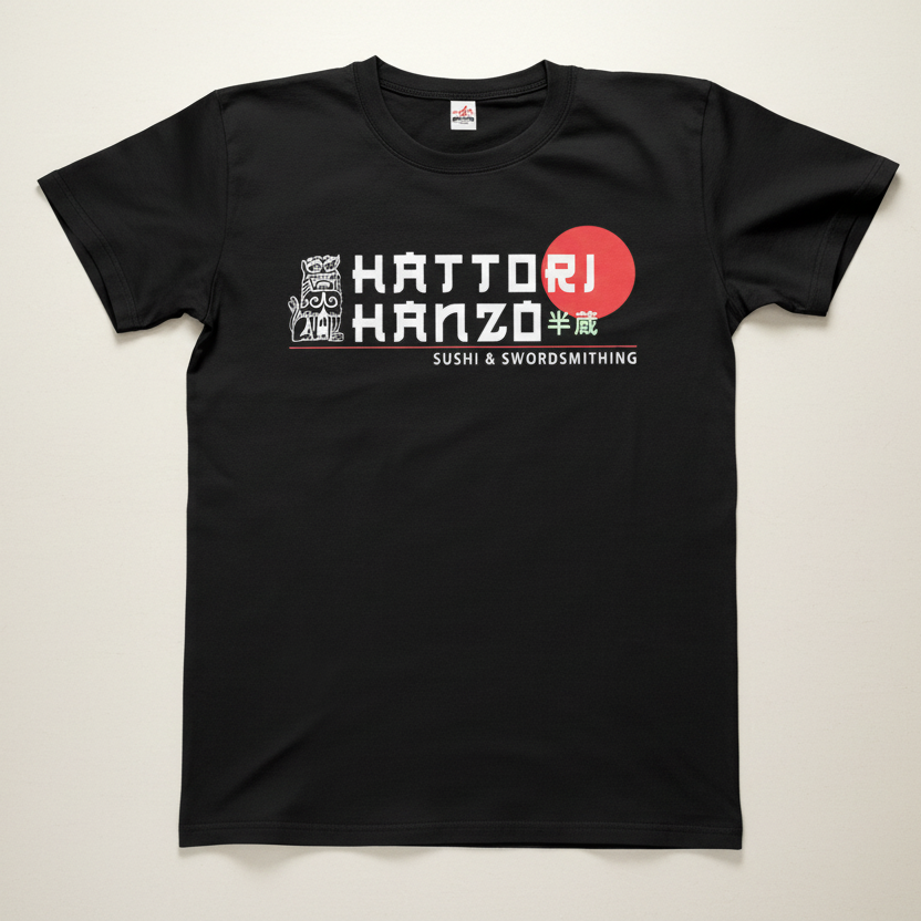 Black t-shirt with 'Hattori Hanzo' logo on a beige background