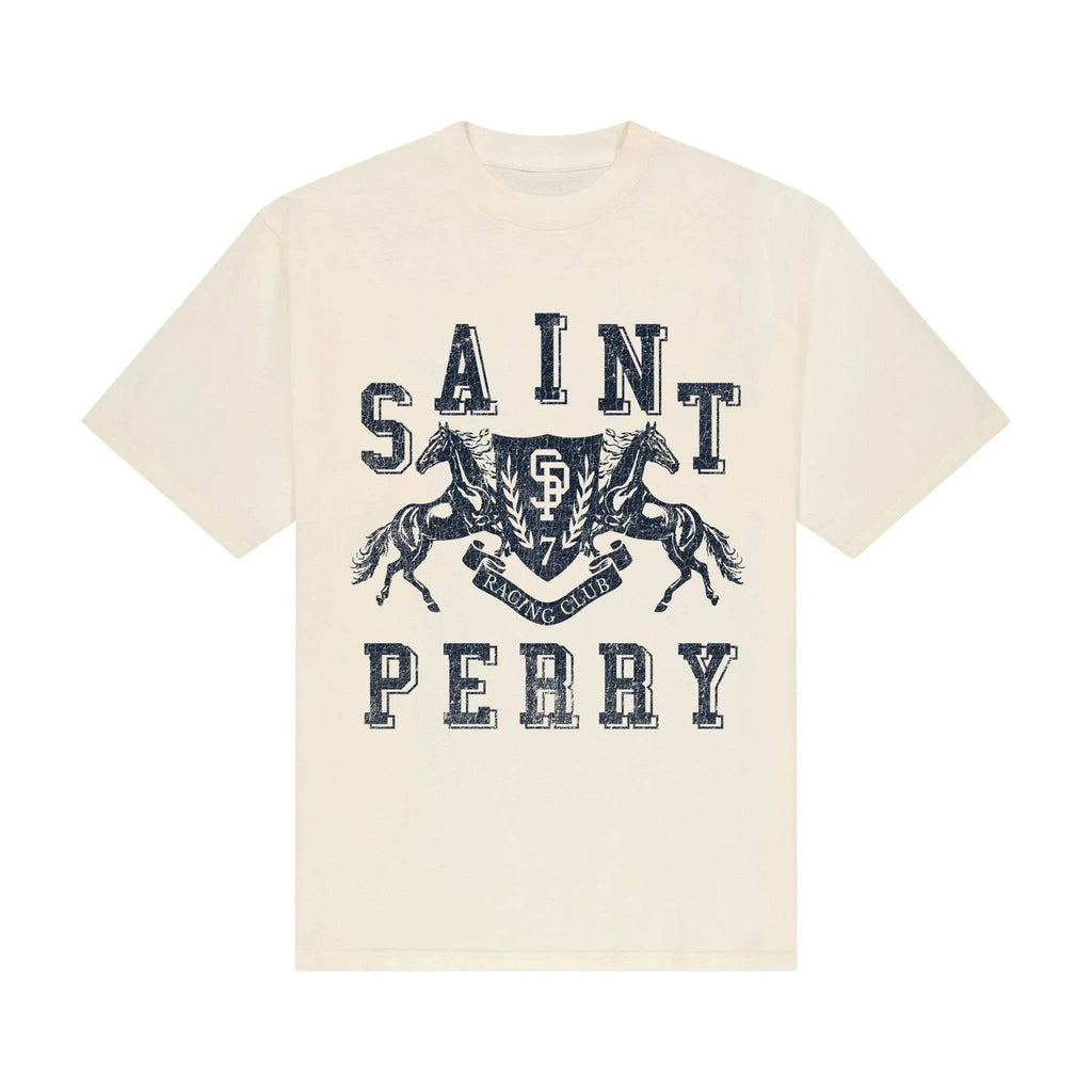 Beige t-shirt with 'Saint Perry' graphic design on a white background