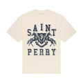 Beige t-shirt with 'Saint Perry' graphic design on a white background