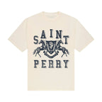 Beige t-shirt with 'Saint Perry' graphic design on a white background
