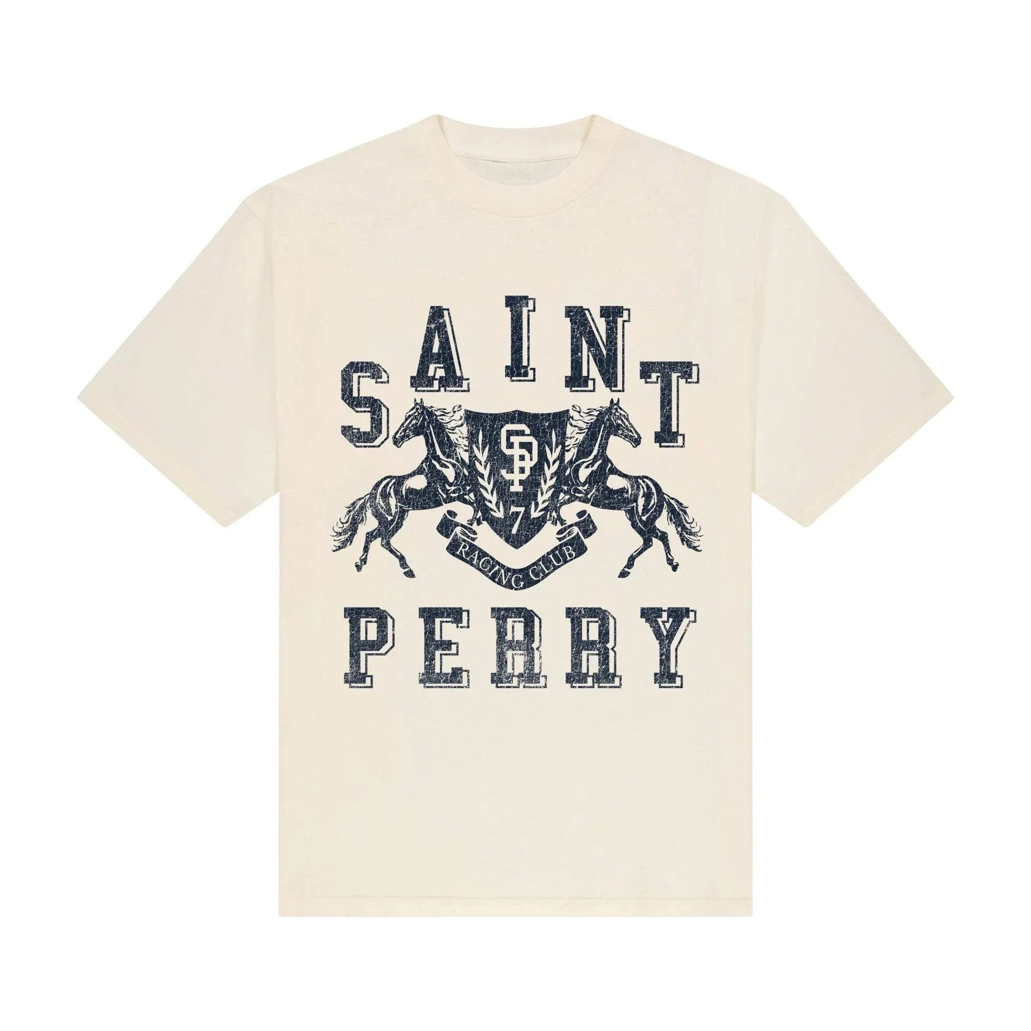Beige t-shirt with 'Saint Perry' graphic design on a white background
