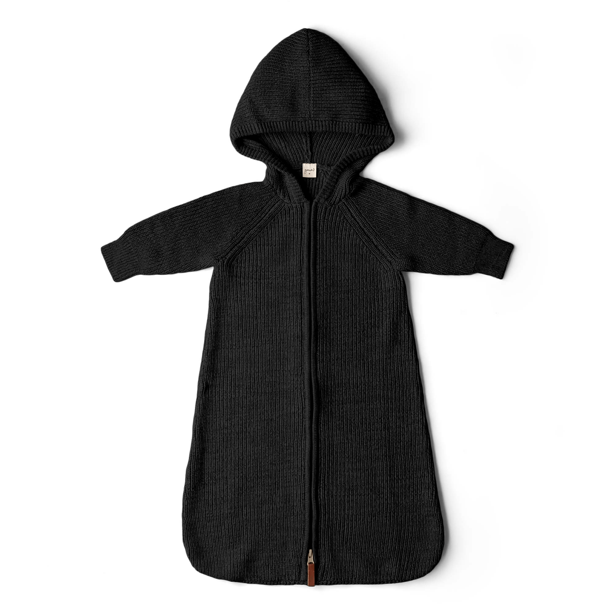 Black baby sleeping bag with a hood on a white background