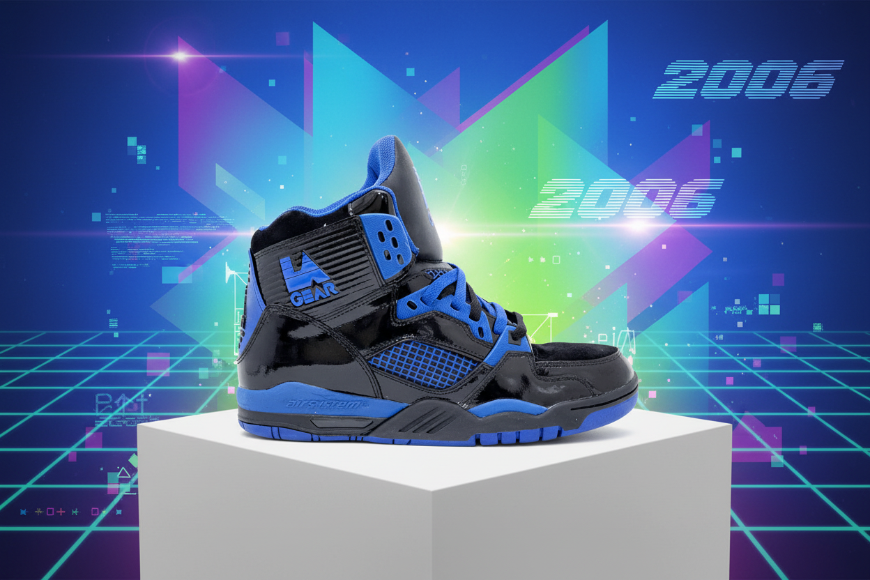 Black and blue sneaker on a white block with a futuristic background featuring the year 2006.