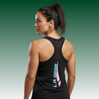 LA Gear Women’s Racerback Tank | Black with Aqua x Pink Logo