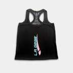 LA Gear Women’s Racerback Tank | Black with Aqua x Pink Logo