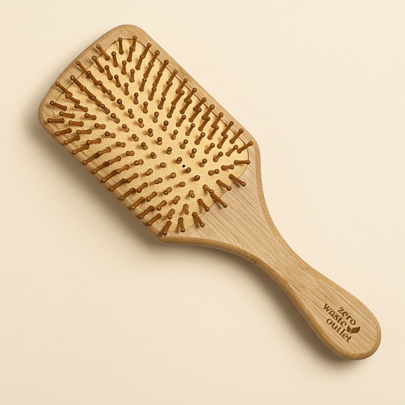 Wooden paddle brush with bristle pattern on a gray background