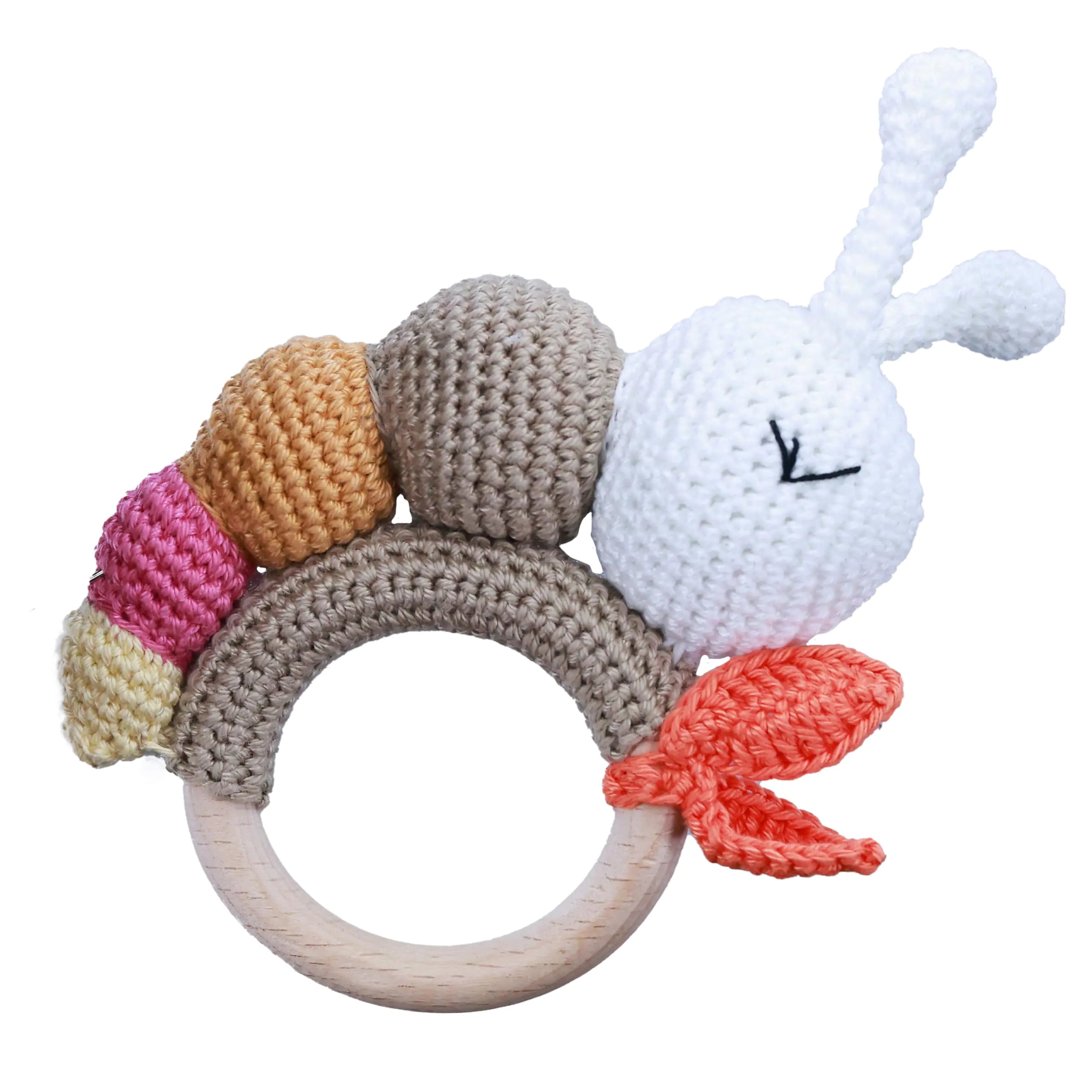 Eco-Friendly Hand-Knitted Wooden Natural Teething Toy Soft Grip Ring Rattle for Babies - 3” Round (Catterpillar)