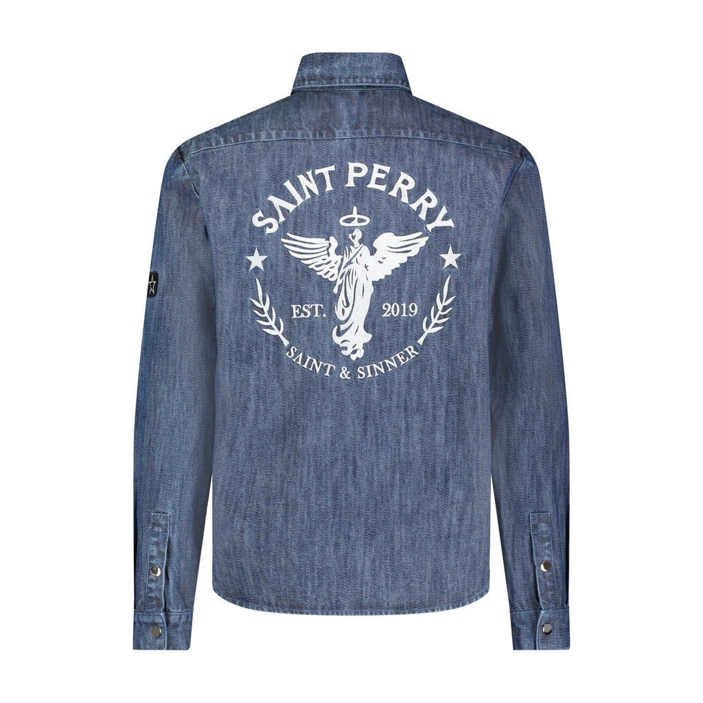 Blue denim shirt with 'Saint Perry' logo on the back against a white background