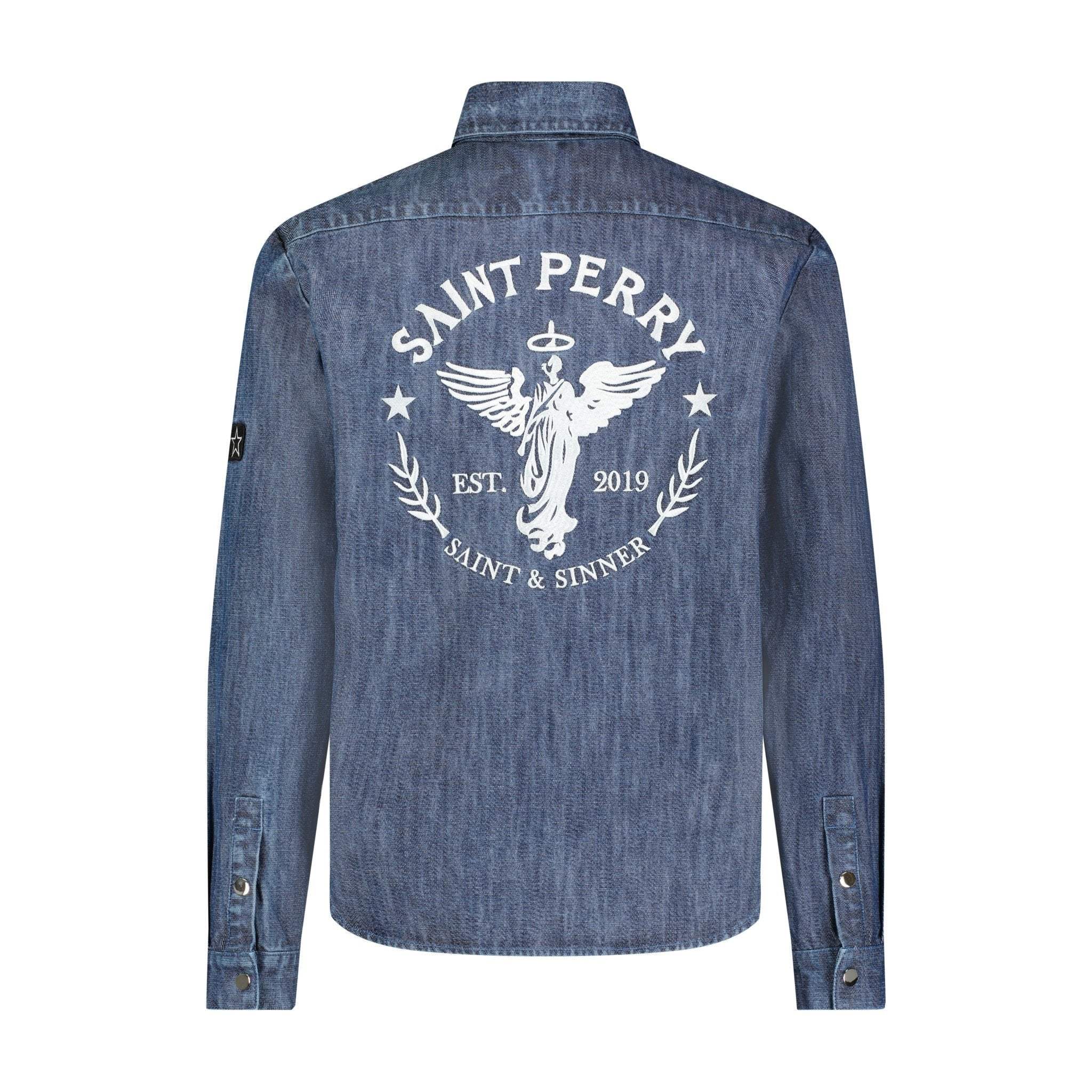 Blue denim shirt with 'Saint Perry' logo on the back against a white background