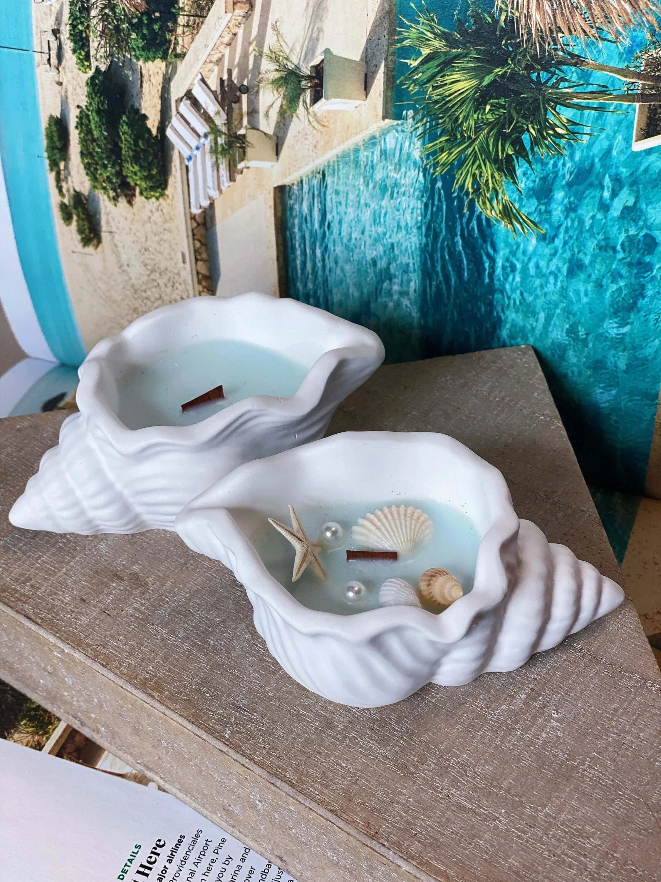 Handcrafted Sea Shell Candle in Jesmonite Coastal Decor
