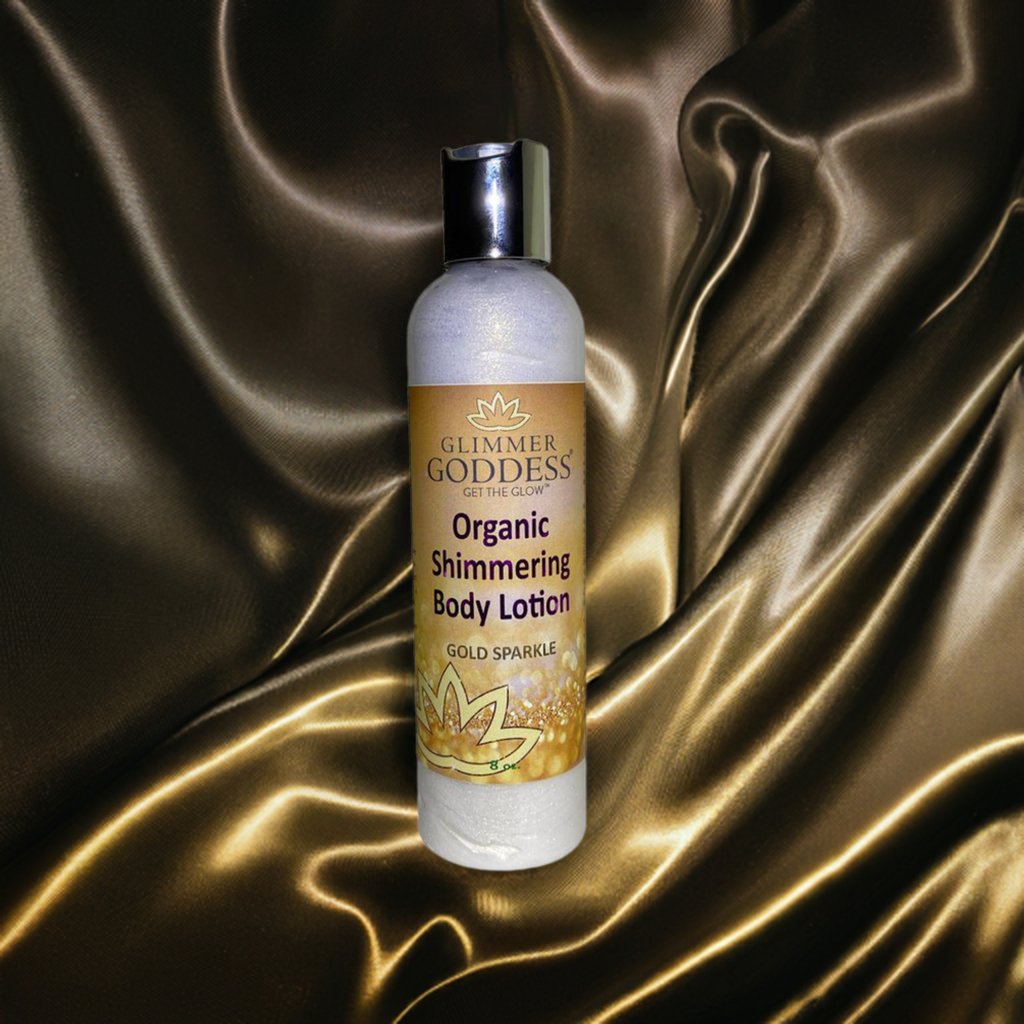 Organic Gold Shimmer Body Lotion – Sexy Level 2 & Super Level 3 Shimmer in 4 oz & 8 oz