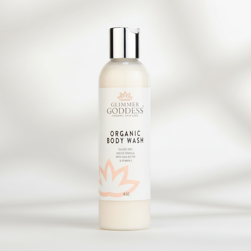 Glimmer Goddess organic body wash bottle on a white background