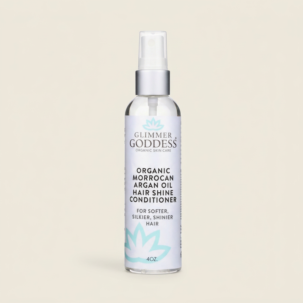 Glimmer Goddess organic Moroccan argan oil hair shine conditioner bottle on a white background