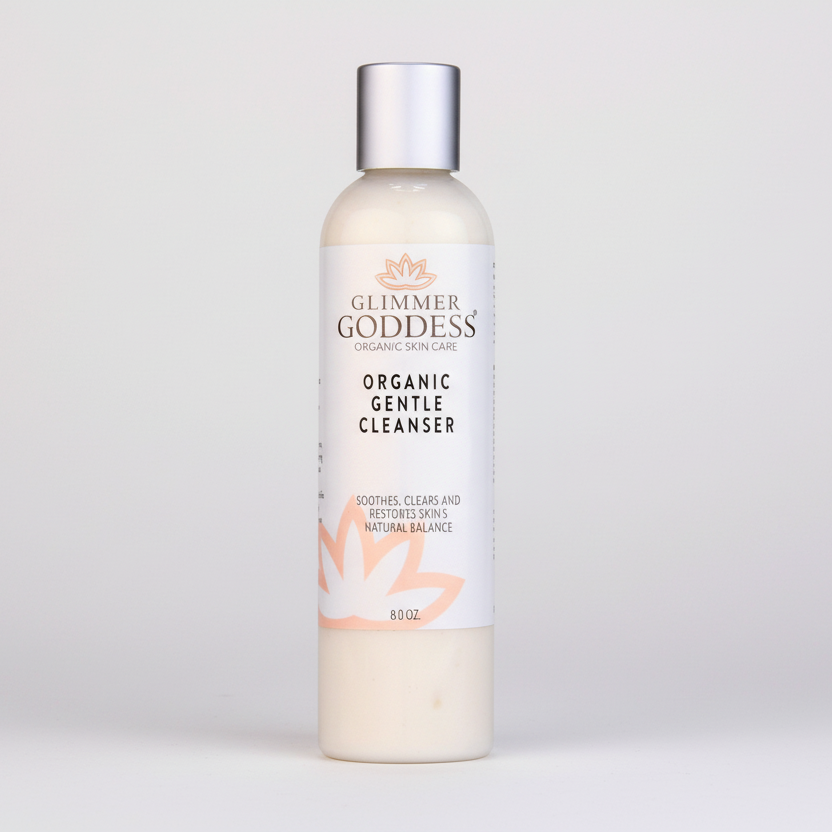 Glimmer Goddess organic gentle cleanser bottle on a light gray background