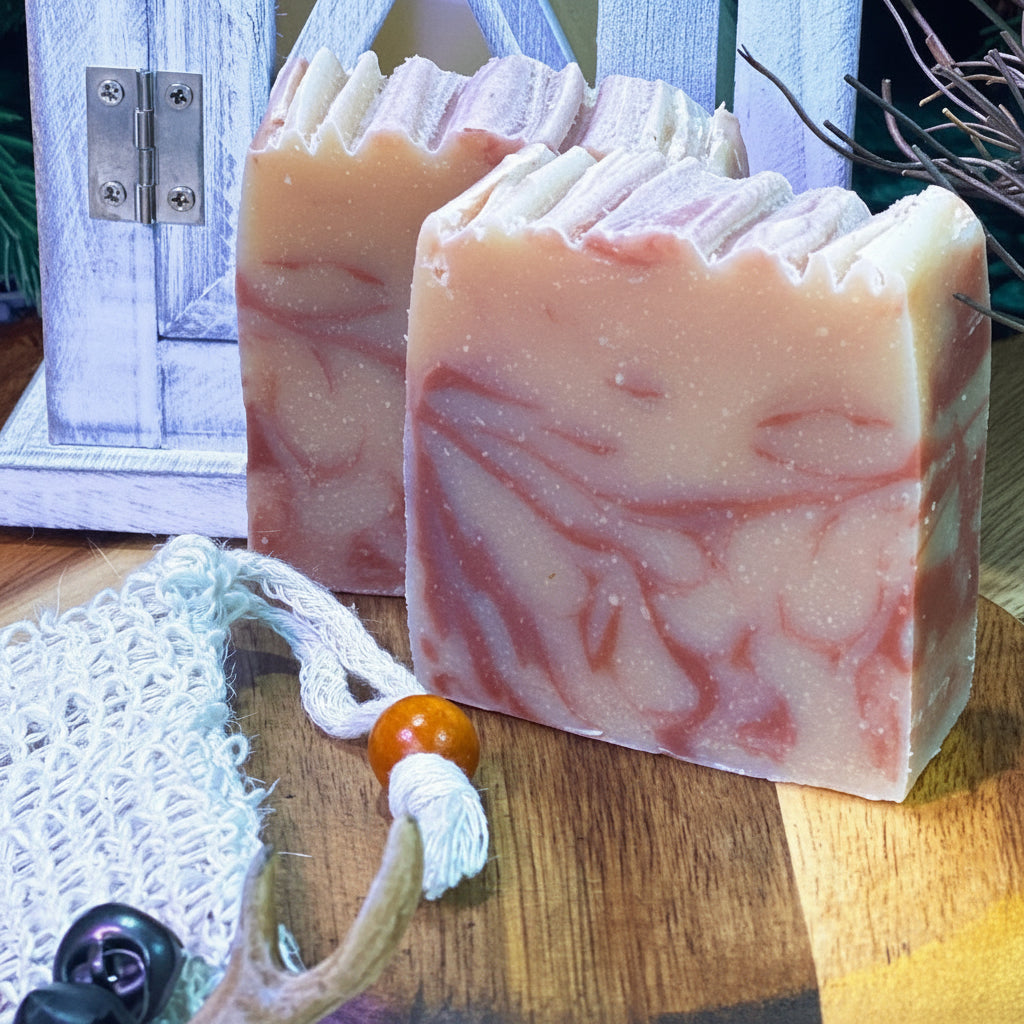Two rectangular soap bars with a marbled pattern on a wooden surface.
